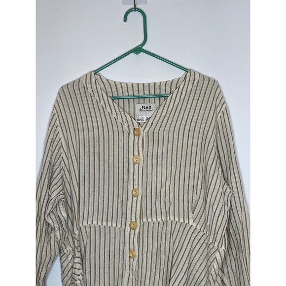 Flax Linen Button Front‎ Jacket Shacket Textured Stripe Knit Cream Green Medium - Picture 2 of 7